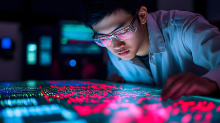 Innovative scientist analyzing data in high-tech lab urban environment digital art