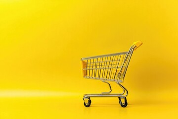 A yellow background with a shopping cart on it, in a studio shot, high-resolution photography, a high-quality photo, stock photo, stock images.
