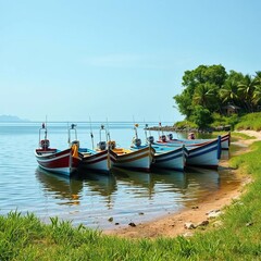Obraz premium Boats moored near the shore with trees and grass, water, grass