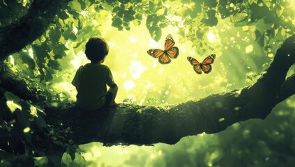 A young boy sits on the edge of an old tree branch, gazing at two butterflies flying in front of him with mesmerized eyes.