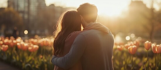 A young couple in love is walking along the city park, enjoying the springtime flowers and sunset.