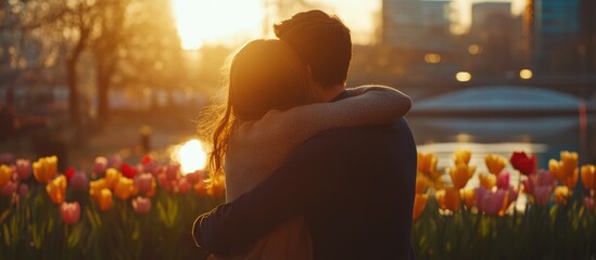 A young couple in love is walking along the city park, enjoying the springtime flowers and sunset.