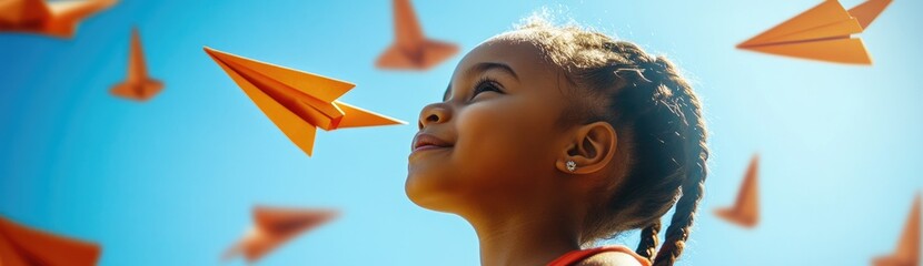 A young girl with braided hair looks up at the sky, surrounded by flying paper airplanes. The background is a clear blue, and bright sunlight highlights her joyful expression as she watches.