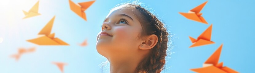 A young girl with braided hair looks up at the sky, surrounded by flying paper airplanes. The background is a clear blue, and bright sunlight highlights her joyful expression as she watches.