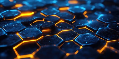 Abstract background with glowing hexagons, a dark color palette featuring blue and yellow hues, a modern design, high resolution, detailed texture,