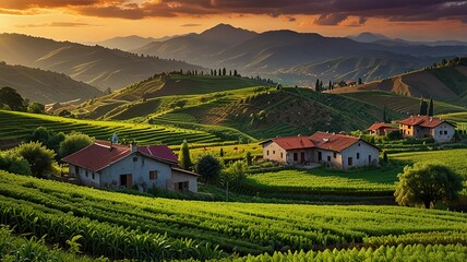 Landscape photograph capturing a lush agricultural scene at sunset.