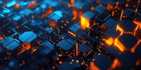 Abstract background with glowing hexagons, in a black and blue color scheme. The design features a pattern of illuminated dark orange and yellow cubes on the surface,