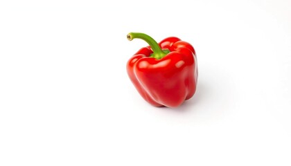 Single vibrant red bell pepper isolated on pure white background, healthy, bright