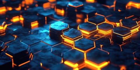 Abstract background with glowing hexagons, in a black and blue color scheme. The design features a pattern of illuminated dark orange and yellow cubes on the surface,