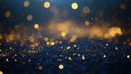 Abstract gold glitter particles on a blue background, with a bokeh effect, golden lights, and dots for a luxury design banner with a copy space area.