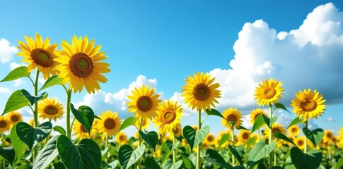 Tall stalks of sunflowers against the blue sky with white clouds, sunflowers, cloudy