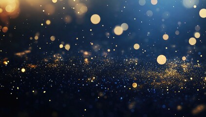 Abstract gold glitter particles on a blue background, with a bokeh effect, golden lights, and dots for a luxury design banner with a copy space area.