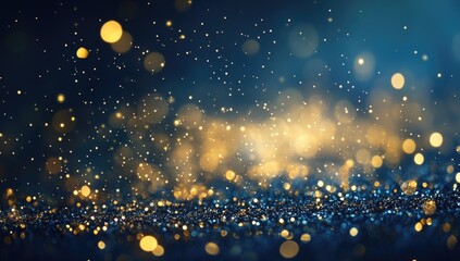 Abstract gold glitter particles on a blue background, with a bokeh effect, golden lights, and dots for a luxury design banner with a copy space area.