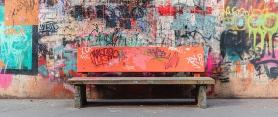 Colorful graffiti-covered wooden bench set against vibrant urban street art reflecting city culture and creative expression