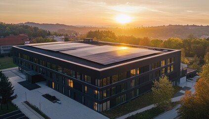 Aerial view of a modern black-roofed building with skylights and solar panels at sunset, showcasing energy efficiency in commercial architecture.