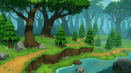 Naklejka premium Enchanting Cartoon Forest Landscape with Winding Path and Stream