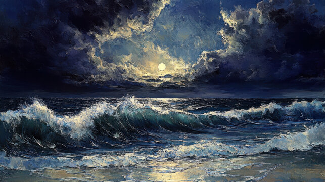 A surreal ocean scene, massive rolling waves crashing onto shore, swirling dark clouds overhead