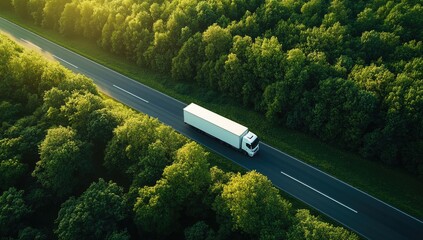 Aerial view of a white truck driving on a highway road in a green forest or nature park. Concept for business, transport, and harmony with the environment.