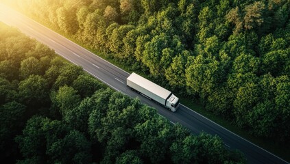 Aerial view of a white truck driving on a highway road in a green forest or nature park. Concept for business, transport, and harmony with the environment.