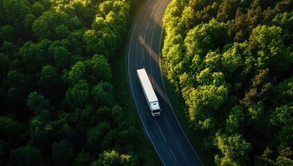 Aerial view of a white truck driving on a highway road in a green forest or nature park. Concept for business, transport, and harmony with the environment.
