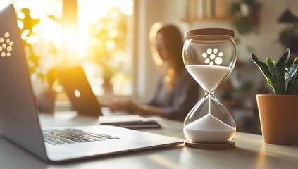 Time management concept with hourglass on work desk and sunlight streaming through the window