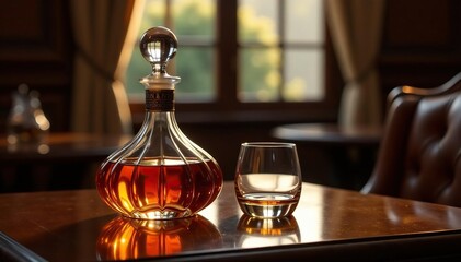 Golden whiskey decanter on a luxurious table next to an empty glass, whiskey decanter, premium decor