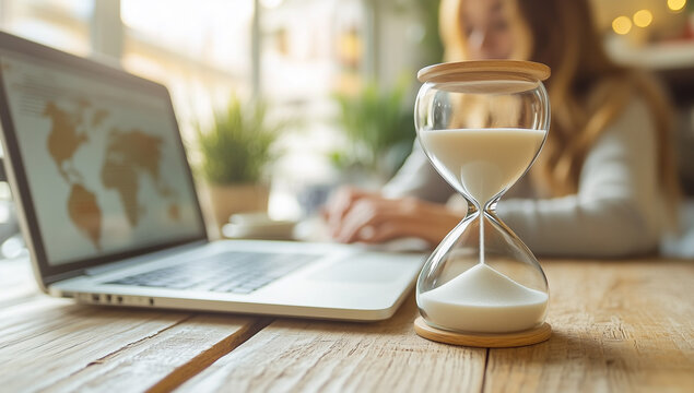 Woman Working on Laptop with Hourglass, Managing Time Effectively