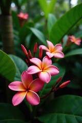 Fototapeta premium Plumeria flowers in a tropical garden with other plants, blossoms, botanical, fragrance