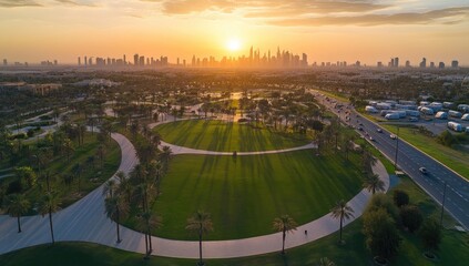 An aerial view of the large park. The photo shows an open field with grass and trees on one side,