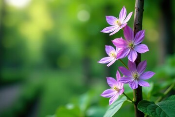Tall, slender, and woody climbing plant stem with clusters of purple clematis flowers, clematis, blossom, landscape