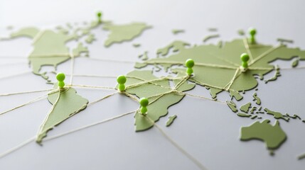 Global connectivity a close-up view of a grey world map with vibrant green pins highlighting ties geography and network dynamics
