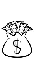 Money Bag with Dollar Sign and Cash - Black and White Vector Illustration