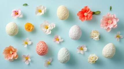 Colorful easter eggs and spring flowers on pastel blue background, flat lay composition with copy space, festive holiday decoration, square format


