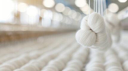 Obraz premium Raw Cotton Loom Weave Bundles of fluffy white cotton being spun into threads for high-end fabric Imagine cotton strands stretching across a massive loom as robotic arms