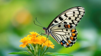 Naklejka premium A close-up of a butterfly with bold colors and patterns perched on a bright flower, framed by softly blurred greenery