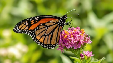 Obraz premium A colorful butterfly delicately perched on a bright flower, with a softly blurred green background adding depth to the scene