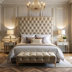Empty white bed and pillows with luxury headboard, template design.