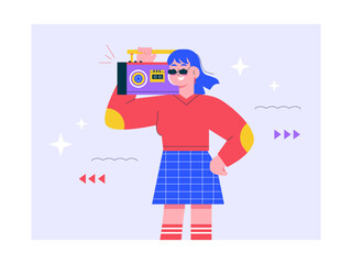 Young girl listening radio illustration. Generation Z illustration. Flat vector illustration concept.