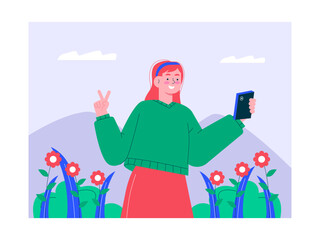 Girl doing taking photo illustration. Generation Z illustration. Flat vector illustration concept.