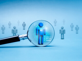 Artificial Intelligence jobs, robot career, human resource (HR) data, hiring, recruitment concept. 3d AI smart human selected by magnifying glass lens on blue background with normal people symbols.