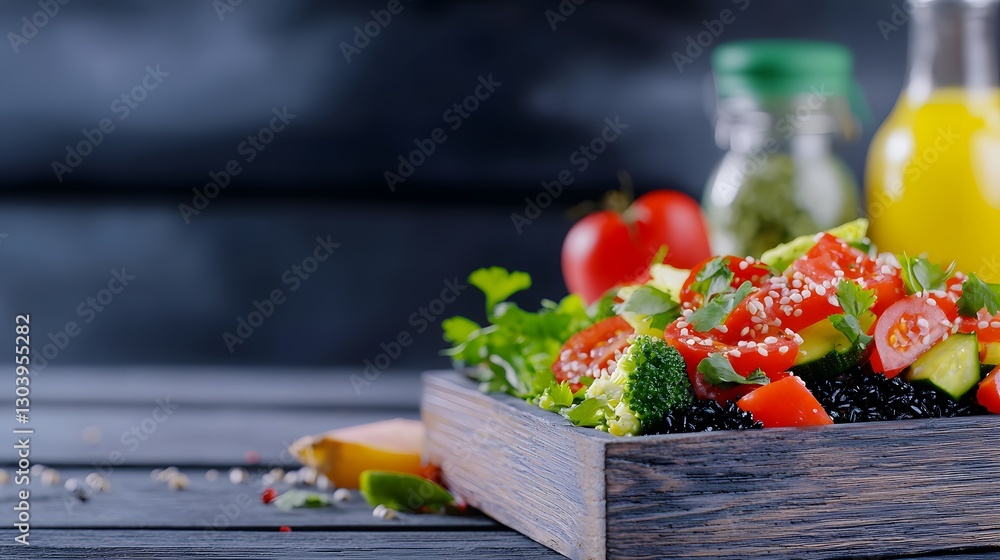 Aufkleber a rustic wooden box brimming with fresh vegetables displayed on a table in a natural and inviting se