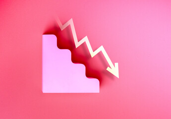 Down arrow on white geometric stairway, decrease business graph down step, finance diagram on red...