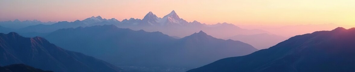 Soft dawn light casts shadows on mountain peaks, gradient sky, natural