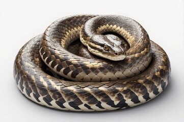 Obraz premium A coiled brown and black snake on a white background.