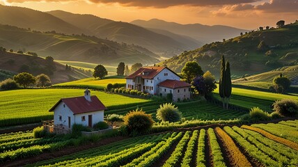 Landscape photograph capturing a lush agricultural scene at sunset.
