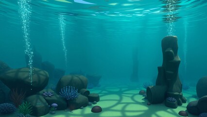 Serene Underwater Scene Cartoon Style Ocean Floor with Rocks, Coral, and Bubbles