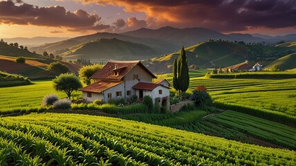 Landscape photograph capturing a lush agricultural scene at sunset.