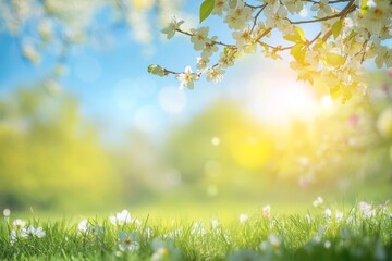 Obraz premium Vibrant spring nature scene blurred background of blooming meadow and trees under clear blue sky