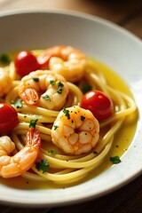 Freshly cooked shrimp and cherry tomato pasta with a drizzle of lemon sauce, lemon, seafood, sauce