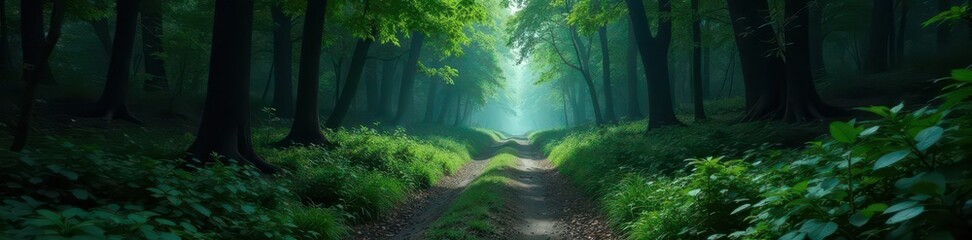 Fototapeta premium Overgrown crossroads in a dark, shadowy forest , detail, trees
